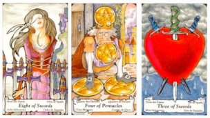 The 8 of Swords, 4 of Pentacles & 3 of Swords from The Hanson-Roberts Tarot.